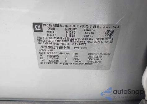 2015 Cadillac Srx Performance Collection z USA, uszkodzony, nr VIN 3GYFNCE37FS580469